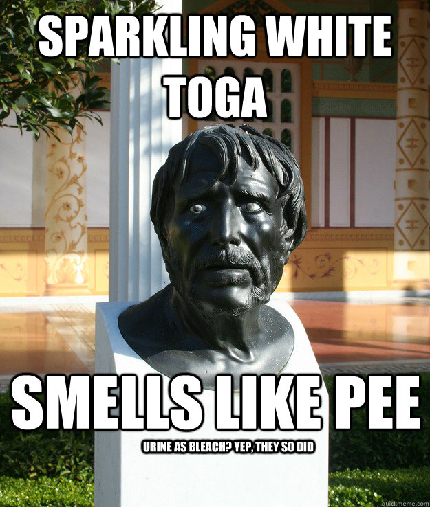 sparkling white toga smells like pee urine as bleach? yep, they so did  Ancient World Problems