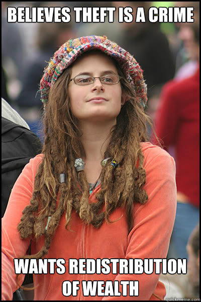 Believes theft is a crime wants redistribution of wealth  College Liberal