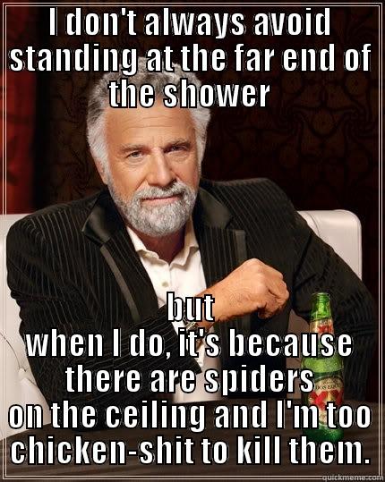 I DON'T ALWAYS AVOID STANDING AT THE FAR END OF THE SHOWER BUT WHEN I DO, IT'S BECAUSE THERE ARE SPIDERS ON THE CEILING AND I'M TOO CHICKEN-SHIT TO KILL THEM. The Most Interesting Man In The World