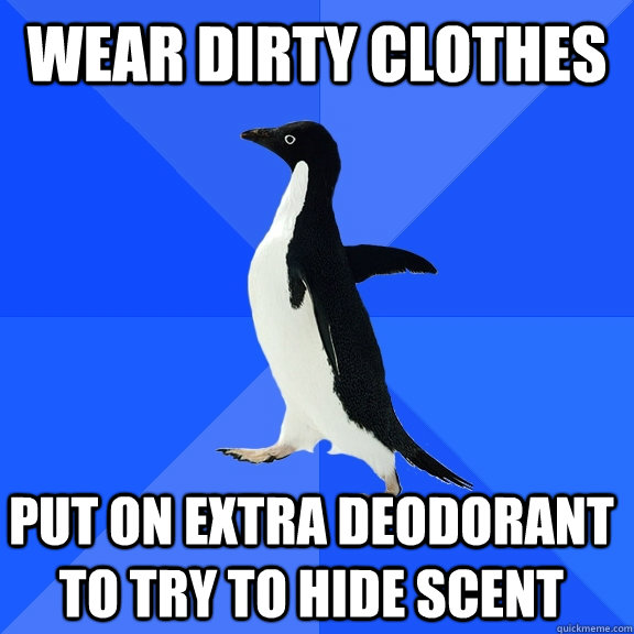 Wear dirty clothes Put on extra deodorant to try to hide scent  Socially Awkward Penguin