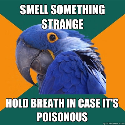 Smell something strange hold breath in case it's poisonous  Paranoid Parrot