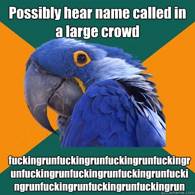 Possibly hear name called in a large crowd fuckingrunfuckingrunfuckingrunfuckingrunfuckingrunfuckingrunfuckingrunfuckingrunfuckingrunfuckingrunfuckingrun  Paranoid Parrot
