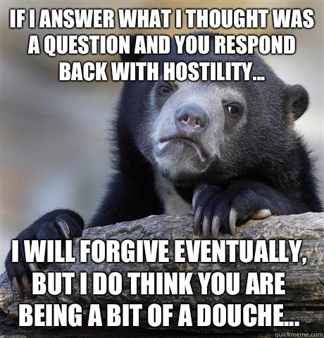 If I answer what I thought was a question and you respond back with hostility... I will forgive eventually, but I do think you are being a bit of a douche...  Confession Bear