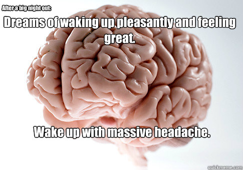 Dreams of waking up pleasantly and feeling great. After a big night out: Wake up with massive headache.  Scumbag Brain
