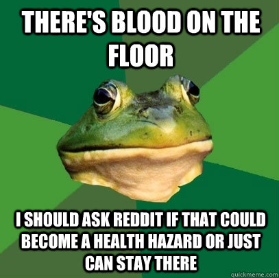 There's blood on the floor I should ask Reddit if that could become a health hazard or just can stay there  Foul Bachelor Frog