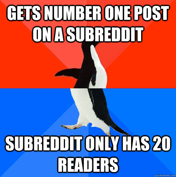 Gets number one post on a subreddit subreddit only has 20 readers  Socially Awesome Awkward Penguin