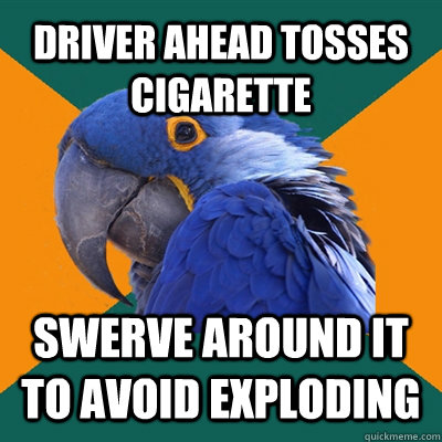 Driver ahead tosses cigarette swerve around it to avoid exploding  Paranoid Parrot