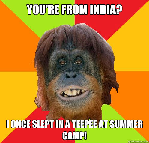 you're from india? i once slept in a teepee at summer camp!  Culturally Oblivious Orangutan