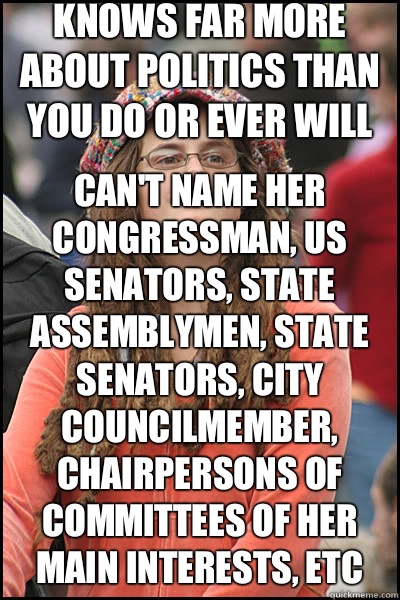 Knows far more about politics than you do or ever will Can't name her Congressman, US Senators, state Assemblymen, state Senators, city councilmember, Chairpersons of Committees of her main interests, etc  liberal college girl