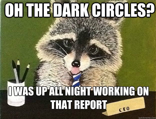 Oh the dark circles? I was up all night working on that Report - Oh the dark circles? I was up all night working on that Report  Business Raccoon