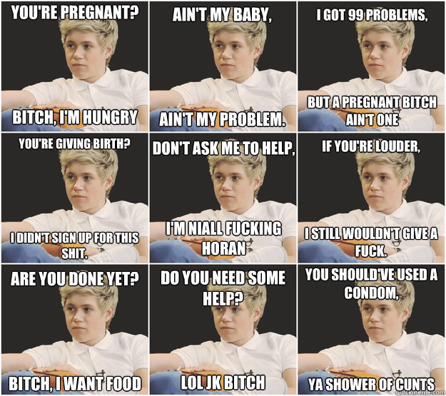 You're pregnant?




Bitch, I'm hungry Ain't my baby, 




Ain't my problem. You're giving birth?





I didn't sign up for this shit. Don't ask me to help,



I'm Niall fucking Horan Are you done yet?




Bitch, I want food Do you need some help?



lol   