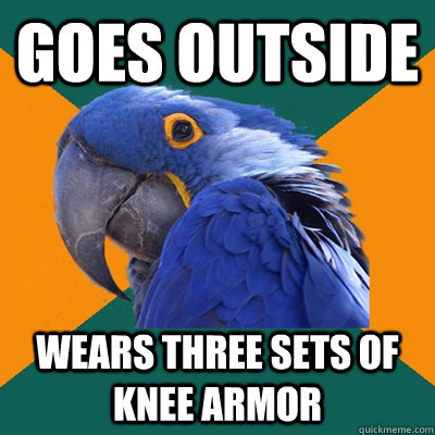 Goes outside wears three sets of knee armor  Paranoid Parrot
