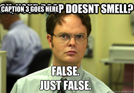 Oh, your poop doesnt smell? False.
Just false. Caption 3 goes here  Schrute