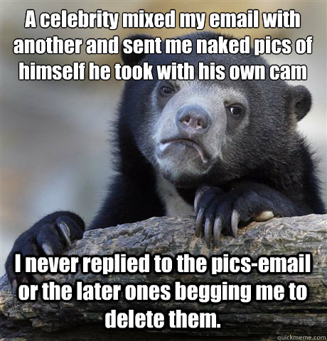 A celebrity mixed my email with another and sent me naked pics of himself he took with his own cam I never replied to the pics-email or the later ones begging me to delete them.  Confession Bear