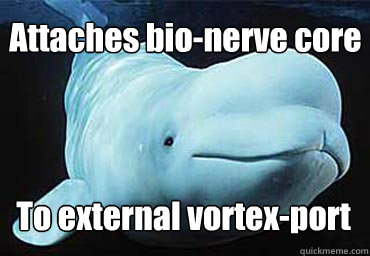 Attaches bio-nerve core To external vortex-port  Misbehavin Pocket Whale