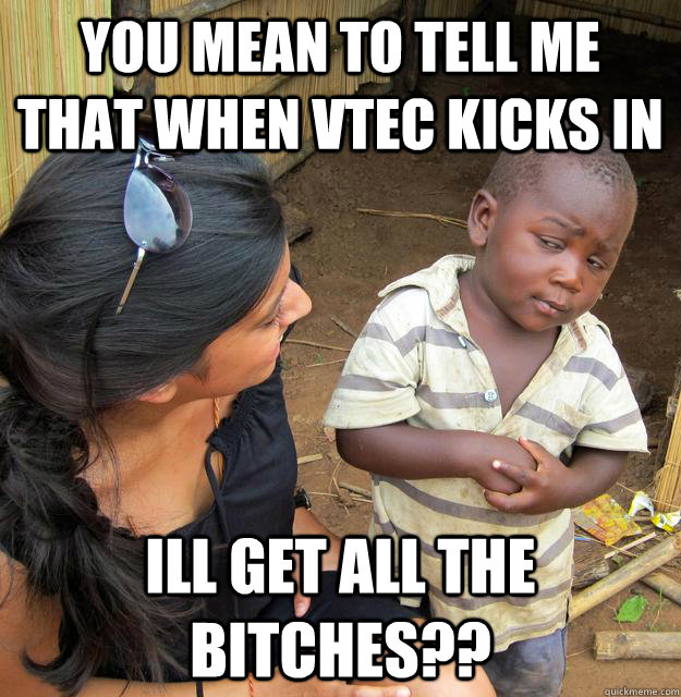 You mean to tell me that when vtec kicks in  ill get all the bitches??  Skeptical African Kid