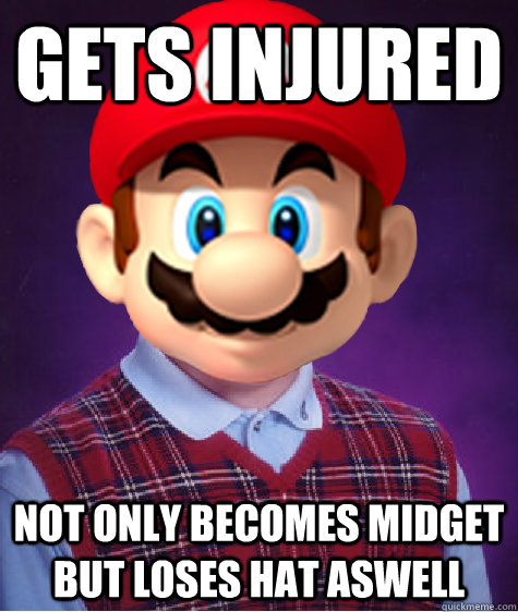 Gets Injured Not only becomes midget but loses hat aswell  Bad Luck Mario