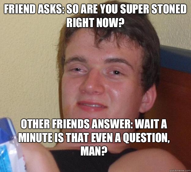 Friend asks: So are you super stoned right now? Other friends answer: Wait a minute is that even a question, man? - Friend asks: So are you super stoned right now? Other friends answer: Wait a minute is that even a question, man?  10 Guy