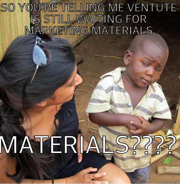 SO YOU'RE TELLING ME VENTUTE IS STILL WAITING FOR MARKETING MATERIALS MATERIALS???? Skeptical Third World Kid