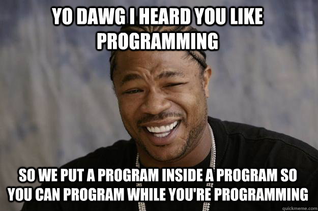 yo dawg i heard you like programming so we put a program inside a program so you can program while you're programming  Xzibit meme