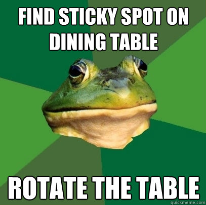 find sticky spot on dining table rotate the table  Foul Bachelor Frog