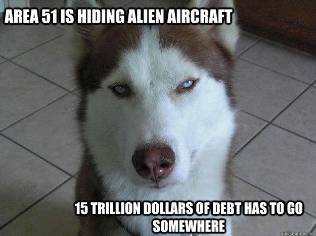 AREA 51 IS HIDING ALIEN AIRCRAFT 15 TRILLION DOLLARS OF DEBT HAS TO GO SOMEWHERE - AREA 51 IS HIDING ALIEN AIRCRAFT 15 TRILLION DOLLARS OF DEBT HAS TO GO SOMEWHERE  Anti Conspiracy Dog