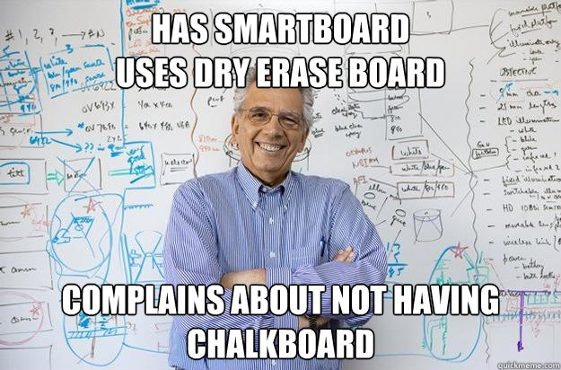 has smartboard
Uses dry erase board Complains about not having chalkboard  Engineering Professor