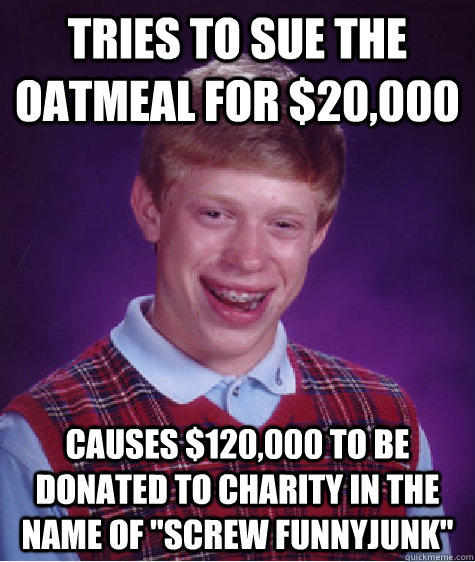 Tries to sue The Oatmeal for $20,000 Causes $120,000 to be donated to charity in the name of 