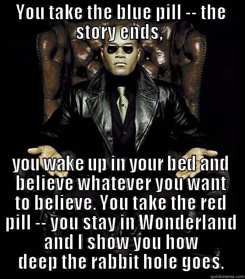 YOU TAKE THE BLUE PILL -- THE STORY ENDS,  YOU WAKE UP IN YOUR BED AND BELIEVE WHATEVER YOU WANT TO BELIEVE. YOU TAKE THE RED PILL -- YOU STAY IN WONDERLAND AND I SHOW YOU HOW DEEP THE RABBIT HOLE GOES. Morpheus
