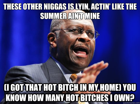 These other niggas is lyin, actin’ like the summer ain’t mine (I got that hot bitch in my home) You know how many hot bitches I own?  Herman Cain