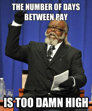 The number of days between pay is too damn high  The Rent Is Too Damn High