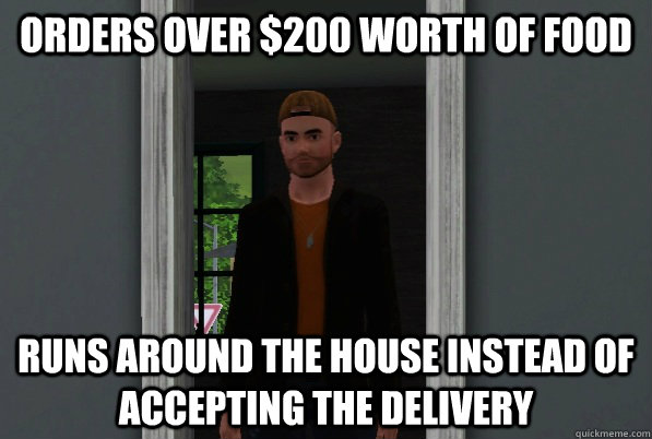 orders over $200 worth of food runs around the house instead of accepting the delivery  