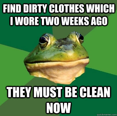 find dirty clothes which i wore two weeks ago they must be clean now  Foul Bachelor Frog