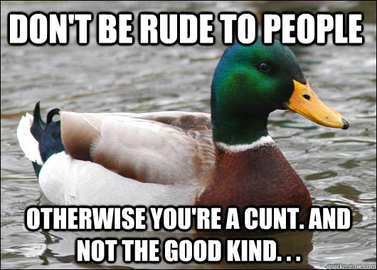 Don't be rude to people Otherwise you're a cunt. And not the good kind. . .  Actual Advice Mallard