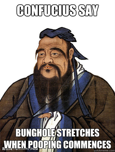 Confucius say bunghole stretches when pooping commences  