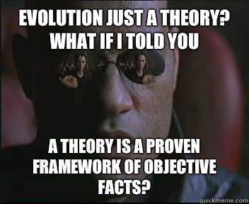 Evolution just a theory? What if I told you a theory is a proven framework of objective facts?  Morpheus SC