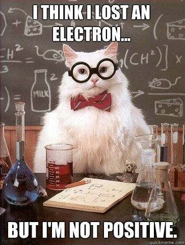 I think I lost an electron... but I'm not positive.  Chemistry Cat