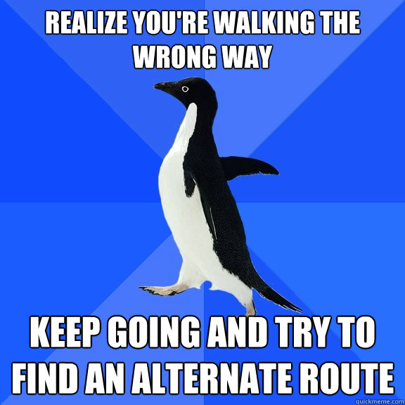 Realize you're walking the wrong way keep going and try to find an alternate route  Socially Awkward Penguin