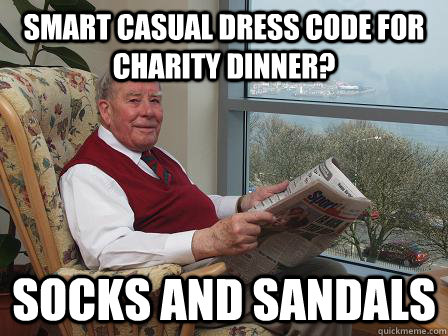 smart casual dress code for charity dinner? socks and sandals  
