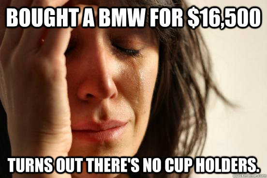 Bought a bmw for $16,500 turns out there's no cup holders.  First World Problems