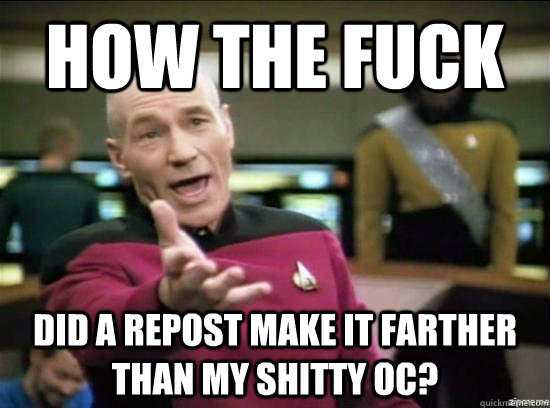 How the fuck did a repost make it farther than my shitty Oc?  Annoyed Picard HD