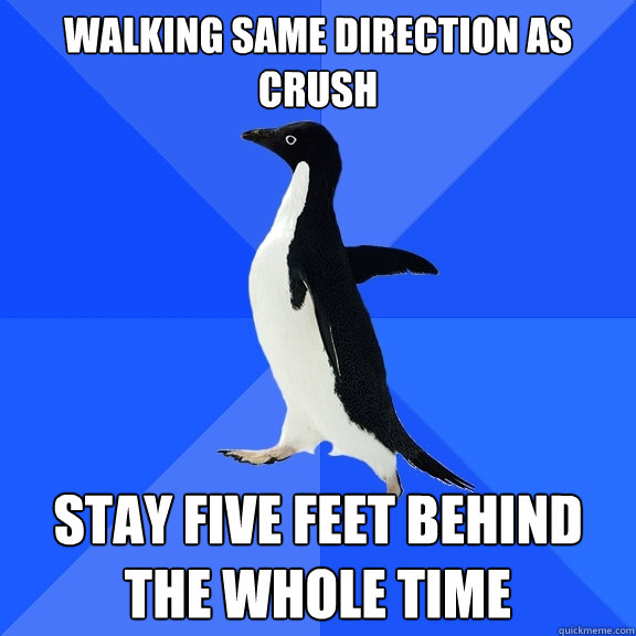 Walking same direction as crush Stay five feet behind the whole time  Socially Awkward Penguin