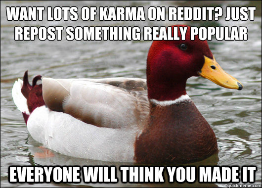 want lots of karma on reddit? Just repost something really popular
  everyone will think you made it  Malicious Advice Mallard