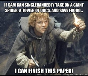 If Sam can singlehandedly take on a GIANT spider, a tower of orcs, AND save Frodo...    I can finish this paper!  LOTR Homework inspiration