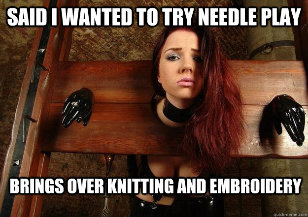 Said I wanted to try needle play Brings over knitting and embroidery   First World BDSM Problems