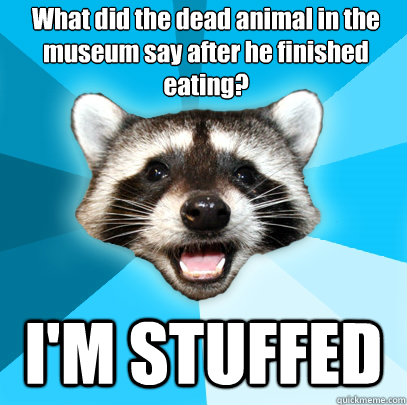 What did the dead animal in the museum say after he finished eating?
 I'M STUFFED  Lame Pun Coon