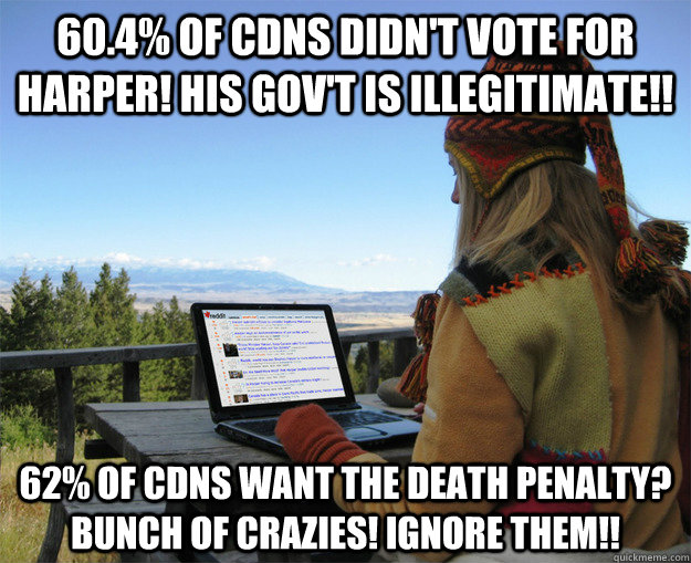 60.4% of cdns didn't vote for harper! his gov't is illegitimate!! 62% of cdns want the death penalty? bunch of crazies! ignore them!! - 60.4% of cdns didn't vote for harper! his gov't is illegitimate!! 62% of cdns want the death penalty? bunch of crazies! ignore them!!  rCanadian