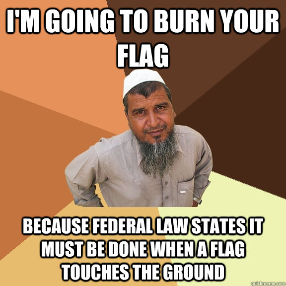 i'm going to burn your flag  because federal law states it must be done when a flag touches the ground  - i'm going to burn your flag  because federal law states it must be done when a flag touches the ground   Ordinary Muslim Man
