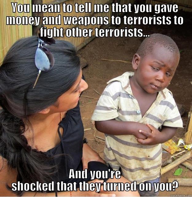 YOU MEAN TO TELL ME THAT YOU GAVE MONEY AND WEAPONS TO TERRORISTS TO FIGHT OTHER TERRORISTS... AND YOU'RE SHOCKED THAT THEY TURNED ON YOU? Skeptical Third World Kid