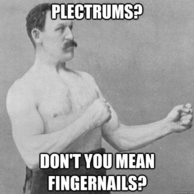 Plectrums?  Don't you mean fingernails?  overly manly man